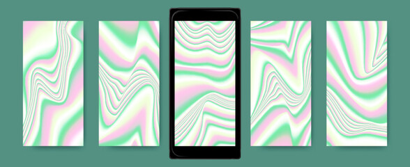 Wall Mural - Colorful Hologram Background. Abstract Vibrant Templates for Mobile. Vector Wave Textures. Holography Wallpapers. Neon Liquid Screensaver. Mesh Gradient Fluids. Bright Holographic Set.