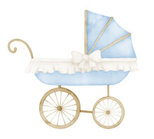 Watercolor Baby Pram In Vintage Style. Retro Kid Stroller In Cute Pastel Blue And Beige Colors. Carriage For Children On Isolated Background. Hand Drawn Illustration Of Perambulator For Newborn Party