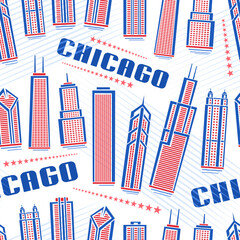 Vector Chicago Seamless Pattern, repeating background with illustration of red famous chicago city scape on white background for wrapping paper, decorative line art urban poster with blue text chicago