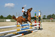 Girl riding a horse stops in front of the barrier on training.