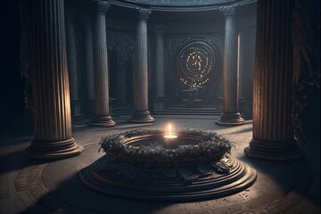 An ancient temple seen in a dark fantasy atmosphere.