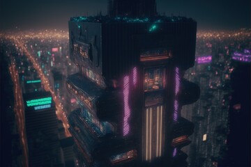 A cityscape to a cyberpunk fantasy world with a tower that is piercing the sky.