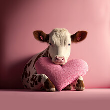 Cute Valentine's Day Card Image Of An Adorable White And Brown Cow Playing With A Heart-shaped Pillow On A Pink Background, Copy Space, Generative AI