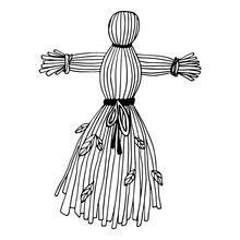 Black Outline Handmade Doll Of Twigs And Leaves Line Art Illustration. Modern Witchcraft Vector Illustration.