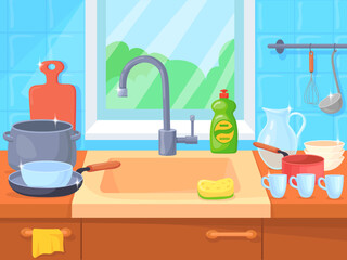 Clean shiny dishes in kitchen sink cartoon interior