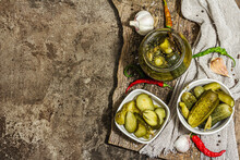 Pickled Cucumbers For Winter Organic Food. Jar Of Homemade Gherkins, Clean Eating, Vegan Concept