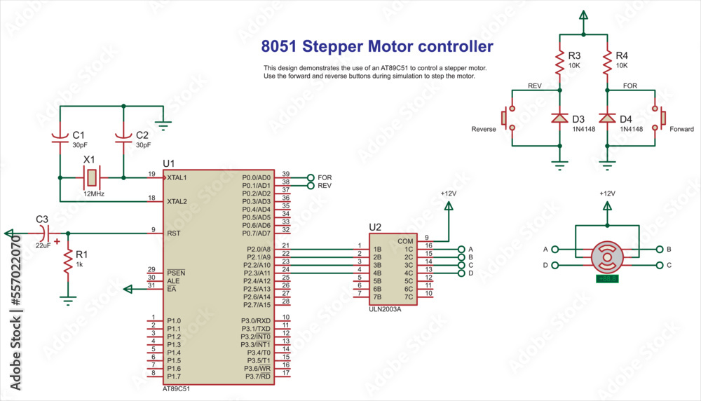 Vector schematic diagram of an electronic device.
Design demonstrates the use of a microcontroller to 
control a stepper motor. Electric scheme on the white
sheet of paper.