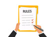Rules vector illustration. Checklist with requirements. Company order, restrictions, law, and regulations. Clipboard with regulations. Vector illustration
