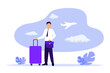 Businessman traveller at airport departure area waiting for flight. Concept of business travel or tourism, work in trip. Vector illustration of business journey. Airplane behind window