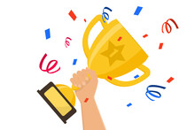 Winner Prize Goblet. First Place Champion Trophy Reward. Hand Holding Gold Trophy Cup. Success And Business Achievements Concept With Award Cup And Confetti. Vector Illustration