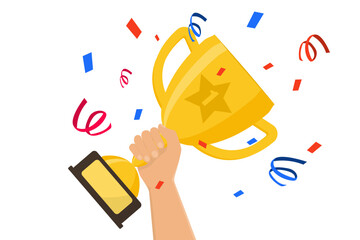 winner prize goblet. first place champion trophy reward. hand holding gold trophy cup. success and b