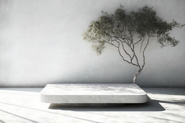 Wall Mural - Background for product presentation backdrops, displays, and mockups White Marble Table with Tree Shadow in the Garden on Textured Concrete Wall Background. Generative AI