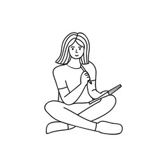 Wall Mural - Woman sitting on floor holding pencil in one hand and notebook in another hand doodle illustration in vector. Thinking girl sitting and holding pen and notebook hand drawn icon in vector.
