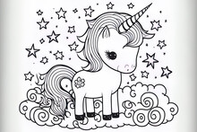 Unicorn With Stars And A Rainbow. Cute. Illustration For Youngsters In Black And White. Coloring Books, Postcards, Prints, Posters, Tattoos, Stickers, And Other Products Are Designed For These Purpose