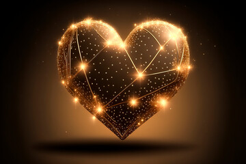 Luxury golden light shiny heart with floral and geometric ornament on brown background. Hearts with stars, sparkling, constellation, galaxy