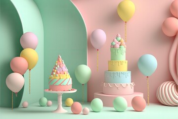 Wall Mural - Delicious birthday cake in beautiful colors. Generative AI
