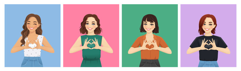 Happy young women making heart shape with hands set. Love concept vector illustration