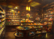 The Interior Of An Old Fashioned Sweet Shop With Jars Of Sweets And Confectionaries On A Counter And On Shelves. Generative Ai Illustration.