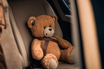 Canvas Print - Brown teddy bear with seatbelt in vehicle. Generative AI