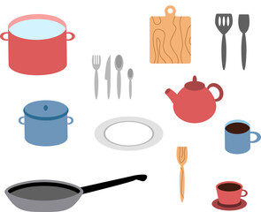  Kitchen utensils, vector set. Pots, kettle, mugs, spoons, fork, knife, spatulas, cutting board, plate, frying pan.