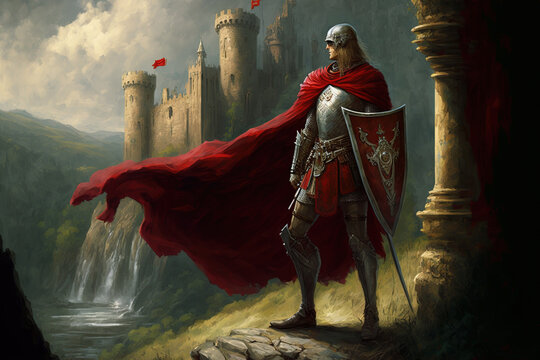 Sword wielding knight standing against a medieval castle background. Illustration from a story of a warrior or paladin wearing a crimson cloak in a stone mountain valley with a royal palace perched on