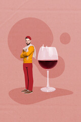 Sticker - Vertical collage illustration of confident miniature guy crossed hands big wine glass isolated on drawing background