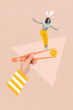 Vertical Collage Image Of Arm Hold Sushi Chopsticks Piece Orange Fruit Excited Black White Girl Stand Balancing Isolated On Painted Background