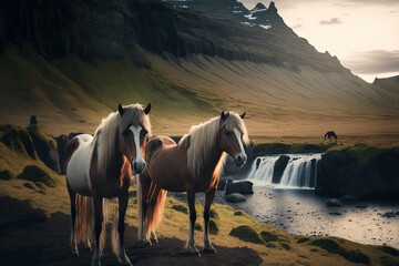 Sticker - Icelandic horses in a beautiful natural setting. This nation is where the Icelandic horse breed was created. Generative AI