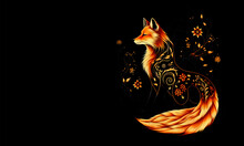 Magic Fox In Flames On Black Background. Fire Kitsune On Black Background. Fairy Flame Fox Illustration. Magical Beasts And Animals.