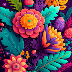 Wall Mural - Flowers pattern, neon colors illustartion Generative AI