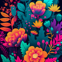 Wall Mural - Flowers pattern, neon colors illustartion