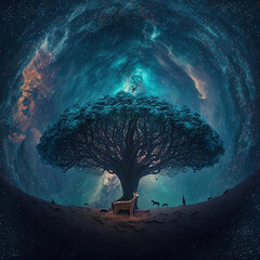 Fototapete - A sacred and great tree of life. Animals around the tree. A fascinating space landscape in the background.