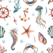 Marine Life, Steering Wheel, Anchor And Lifebuoy. Watercolor Illustration. Seamless Pattern On A White Background From The SYMPHONY OF THE SEA Collection. For The Design Of Fabrics, Wallpaper.