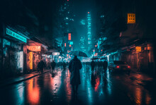 Generative AI Illustration Of A Rainy Foggy Night On A Street Of A Cyberpunk City. Huge Neon Skyscrapers. Wet Asphalt Reflecting Glowing Neon Lights. Gloomy Urban Scene.