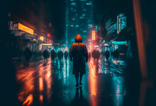Generative AI Illustration Of A Rainy Foggy Night On A Street Of A Cyberpunk City. Huge Neon Skyscrapers. Wet Asphalt Reflecting Glowing Neon Lights. Gloomy Urban Scene.