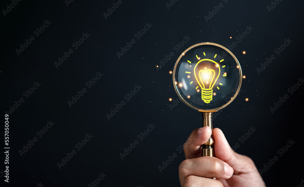 Magnifying glass focus to light bulb icon which for mind, creative ...
