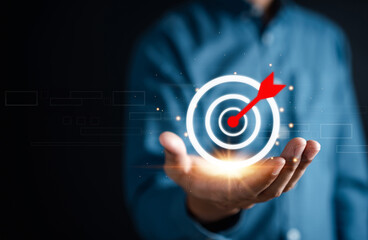 Leinwandbilder - Businessman showing business target planning development leadership and customer target group, investment growth and success development, achivement, goal, strategy, finance concept.