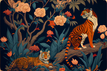 Chinoiserie pattern with tigers generative art