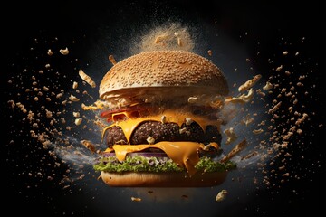 Wall Mural - a exploding cheese burger, all burger parts flying around, dark background, studio light, illustration digital generative ai design art style