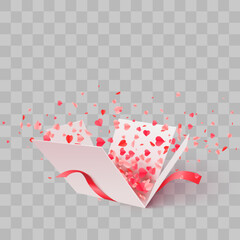 Wall Mural - Open Gift Box with Hearts Confetti Burst. Valentines Day. Vector Design