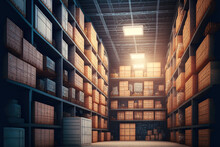 Cargo Boxes On Shelves In A Warehouse Filled With Industrial Items, Enormous Long Racks, And Logistics Sector Shipment Storage And Manufacturing Idea. Generative AI