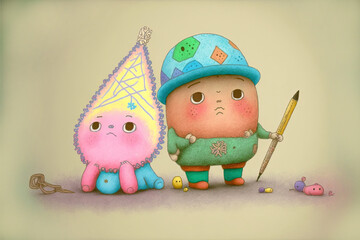 Wall Mural - A group of cute, tiny characters as child's drawing style, dry chalk illustration made with Generative AI
