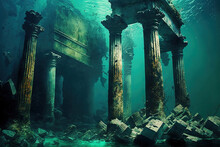 On The Seafloor, There Are Old Temple Remains With Corroded Columns. Generative AI