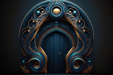 beautiful onon blue, dimensional gateway, dark backdrop, and capsule design. generative ai