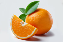 Close Up Delicious Orange With Cut In Half And Green Leaves Isolated On White Background. C Vitamin. Clipping Path. Full Depth Of Field.