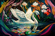  A Painting Of A Swan Floating On A Lake Surrounded By Flowers And Plants With A Colorful Background Of Water Lillies.