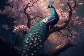 Canvas Print -  a peacock sitting on a tree branch with pink flowers in the background and a full moon in the sky. Generative AI