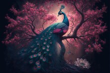  A Painting Of A Peacock Sitting On A Tree Branch With Pink Flowers In The Background And A White Flower In The Foreground.