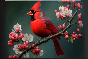 Wall Mural -  a red bird sitting on a branch of a tree with flowers on it's branches and a green background. Generative AI