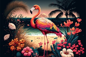 Canvas Print -  a flamingo standing on a beach next to a palm tree and flowers with a mountain in the background. Generative AI